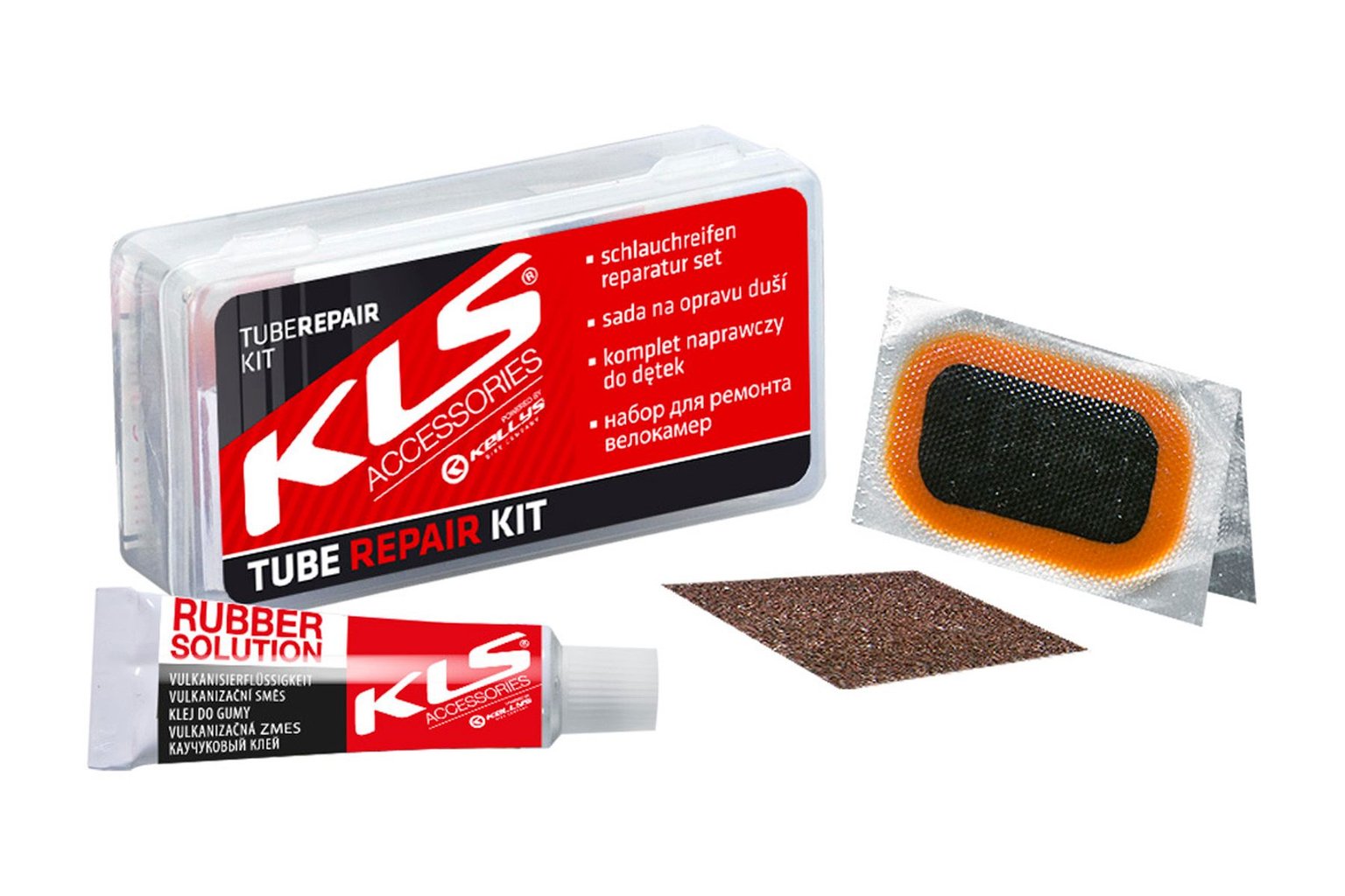 Велоаптечка KLS Repair kit, пластиковий бокс (8 латок, металевий скребок, клей 5 мл, крейда)